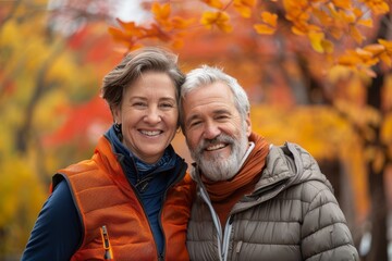 Fototapeta premium Portrait of a joyful couple in their 40s dressed in a breathable mesh vest in background of autumn leaves