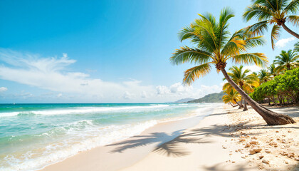 Obraz premium Palm trees swaying on a sunny beach, tropical relaxation