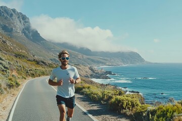 A man jogging on a coastal path with stunning ocean and hill views in the background