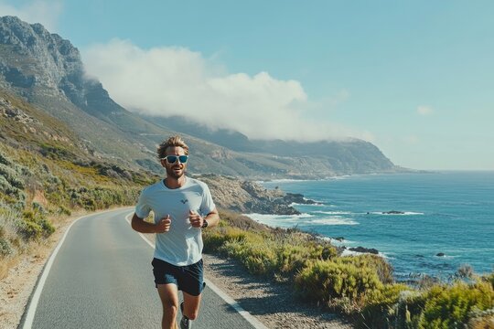 A man jogging on a coastal path with stunning ocean and hill views in the background