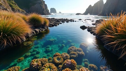 Dynamic rocky shore with tidal pools and vibrant marine life
