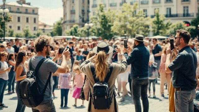 Crowds gather in a lively square, showcasing diverse cultures as travelers document unique experiences. Enthusiastic visitors mingle, creating a festive atmosphere
