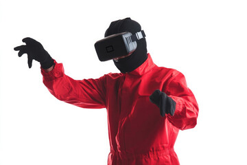 Virtual reality experience in full-body suit enhances immersive gaming at a tech event in a modern environment