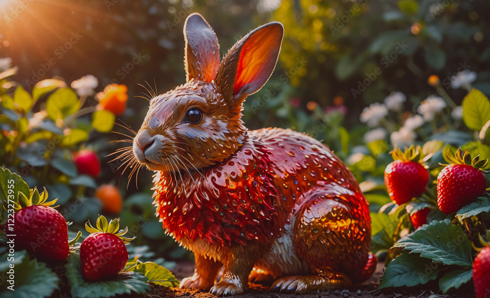 Poster a rabbit is sitting in a field of strawberries. the rabbit is wearing a red outfit and is surrounded