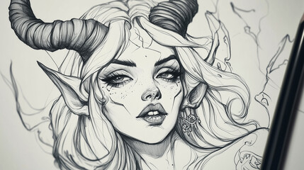 Fototapeta premium Black and white image of a drawn demoness with a pencil lying next to her.