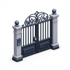 3D icon cartoon of an automatic gate with a keypad, isolated on a white background 
