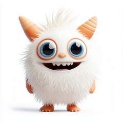 3D icon cartoon of a fluffy monster with big round eyes and a cheerful grin, isolated on a white background
