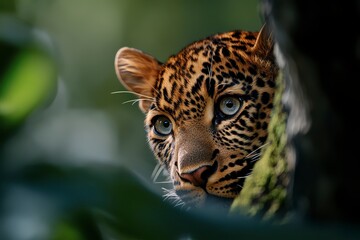 Obraz premium Leopard Ascending a Tree, a striking scene showcasing the elegance and agility of a leopard in its natural habitat under bright daylight