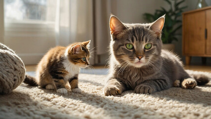 Naklejka premium a fluffy grey domestic cat with soft, detailed fur and striking bright green eyes