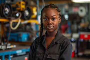 Fototapeta premium Portrait of a young African American female auto mechanic in workshop
