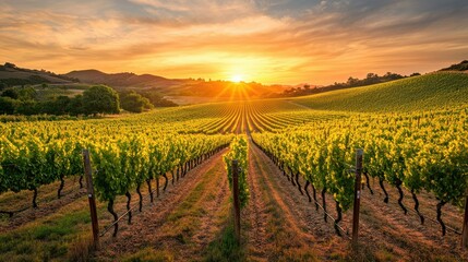 Vibrant vineyard landscape at sunset with rolling hills and lush greenery