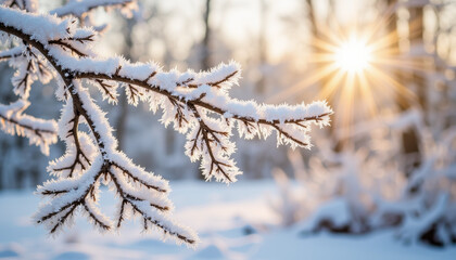 Frost-covered branches sparkling in morning light, winter beauty