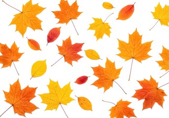 A vibrant and dynamic composition of autumn leaves in shades of orange, yellow and red