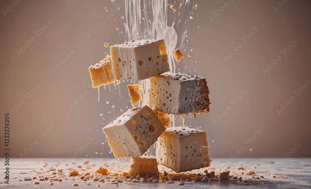 Aufkleber A stack of cheese blocks with a piece of cheese falling out of the top. Concept of chaos and disorder, as the cheese is falling out of the stack and onto the table