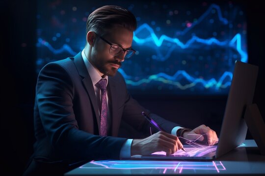 Businessman analyzing financial data with futuristic holographic interface at night - Professional trader working with digital charts, concepts about financial technology, stock market and data analys