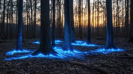 A mesmerizing glowing forest project showcases innovative carbon capture techniques under the sunset.