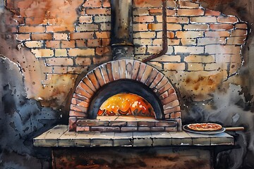 Watercolor painting depicts a rustic brick oven with a freshly baked pizza on a peel. The oven is set against a weathered brick wall. Warm colors and textures create a cozy, inviting scene.