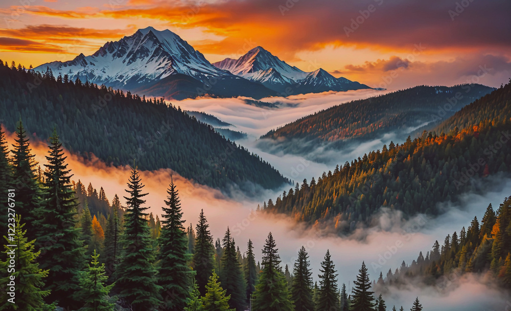 Aufkleber a mountain range with a foggy mist and a beautiful orange sky. the mountains are covered in trees an