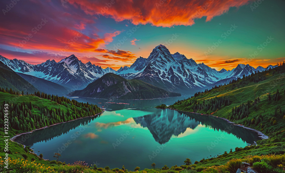 Aufkleber a beautiful mountain range with a lake in the foreground. the sky is a mix of orange and blue hues, 