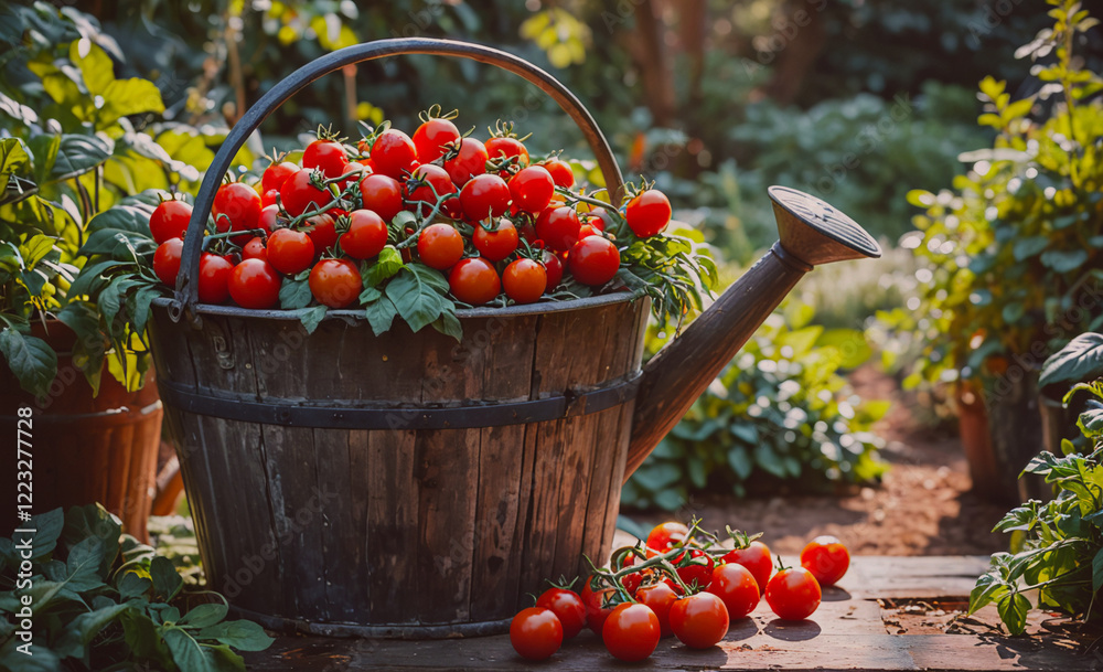 Poster a bucket full of ripe red tomatoes sits on a wooden table. the bucket is filled with tomatoes and ha