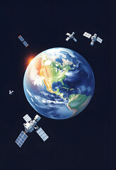 Fototapeta premium Satellites orbiting Earth wirelessly transmit data using cutting-edge 5G technology to build a global network of communications, color sketch, with white tones