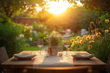 A beautifully arranged table awaits in a romantic garden date setting, perfect for celebrating Saint Valentine's day as the sun sets on a lovely evening.