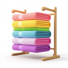 3D icon cartoon towel rack with neatly folded colorful towels isolated on a white background --quality 2