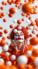 Young female clown skillfully juggling colorful balls in a bright and cheerful performance against a white background