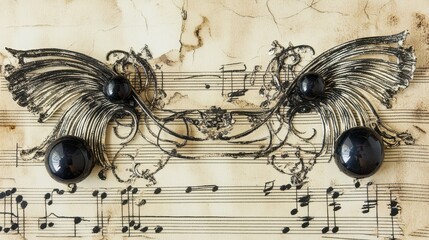 Ornate decor on vintage sheet music with musical notes and artistic design