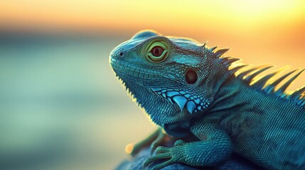 Fototapeta premium Colorful iguana basking on a rock during sunset by the ocean, highlighting vibrant scales