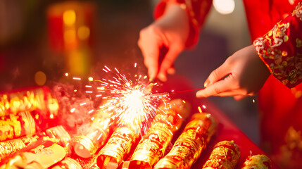 close up of hands lighting firecrackers during Chinese festival, with vibrant red and gold colors creating festive atmosphere