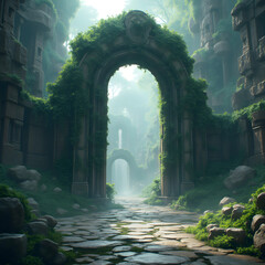 Fototapeta premium Spectacular fantasy scene with a portal archway covered in creepers. In the fantasy world, ancient magical stone gate show another dimension. Digital art 3D illustration. 