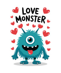 Love Monster Cartoon with Hearts Illustration for Valentine’s Day.