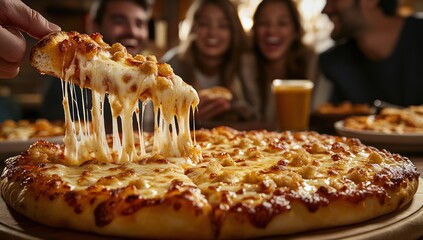 Delicious cheesy pizza with friends