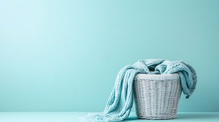white wicker basket filled with soft, blue blankets is set against matching blue background, creating serene and cozy atmosphere