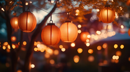 festive outdoor setting with lanterns hanging in trees creates warm and inviting atmosphere, perfect for celebrations or gatherings. soft glow of lanterns adds magical touch to evening ambiance