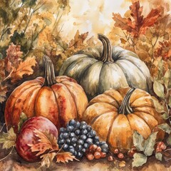 Autumn harvest pumpkins, grapes, and apples in fall leaves