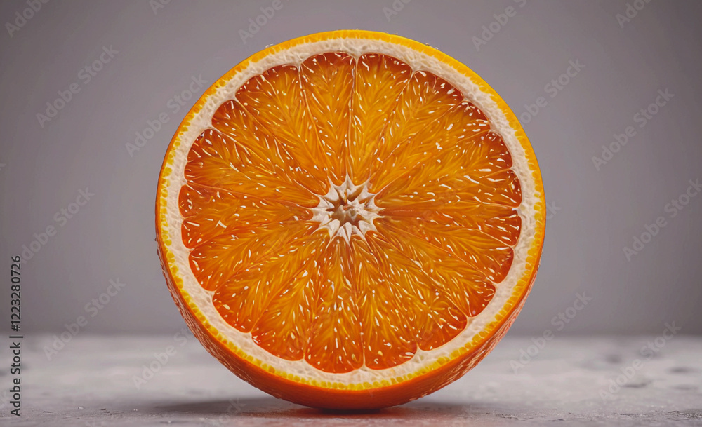 Poster a slice of orange with a white stem. the orange is cut in half and the inside is visible