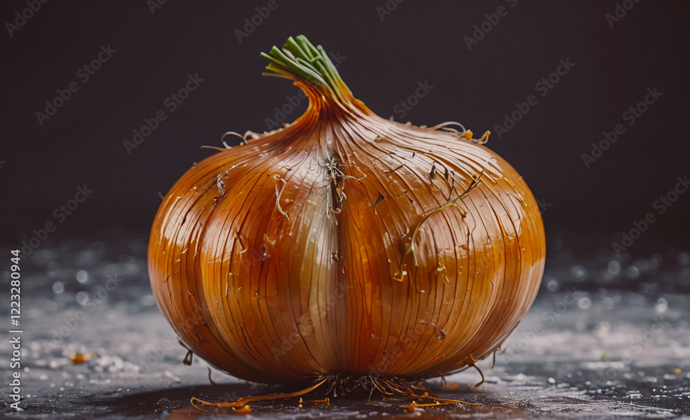 Poster a large onion with a green stem on top. the onion is brown and has a few green leaves on it