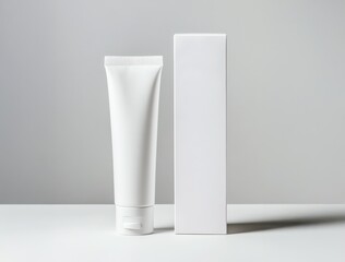 toothpaste mockup concept. A minimalist skincare product with a white tube and matching box on a light surface, ideal for branding or advertising.