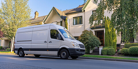 Delivery van parked in front of residential home