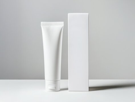toothpaste mockup concept. A minimalist skincare product with a white tube and matching box on a light surface, ideal for branding or advertising.