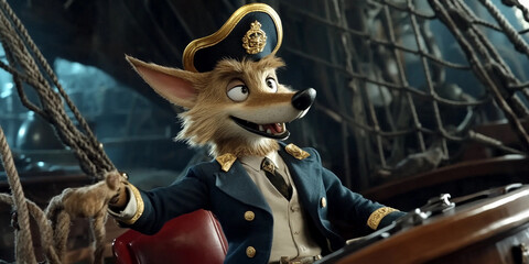 Character in naval attire steering a ship at sea