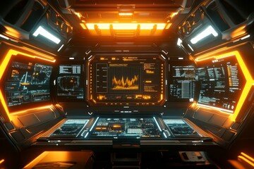Futuristic Spaceship Bridge with Orange and Cyan Displays