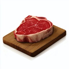 3D icon cartoon of a raw steak on a wooden cutting board, isolated on a white background
