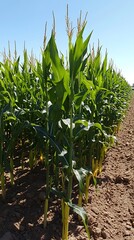 Obraz premium Lush green corn stalks in a sun-drenched field.