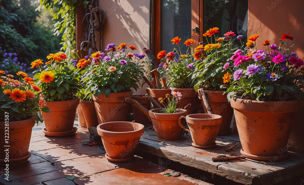 Aufkleber a row of potted plants with a variety of colors and sizes. the plants are arranged on a wooden table