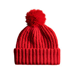 Bright Red Wool Hat with Pom-Pom Isolated on Transparent Background