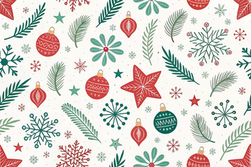 Seamless Christmas pattern with ornaments, snowflakes, stars, and pine.