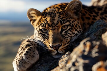 Fototapeta premium Leopard at Rest, a majestic leopard lounging on a sunlit rocky ledge, showcasing its intricate fur patterns and serene expression.